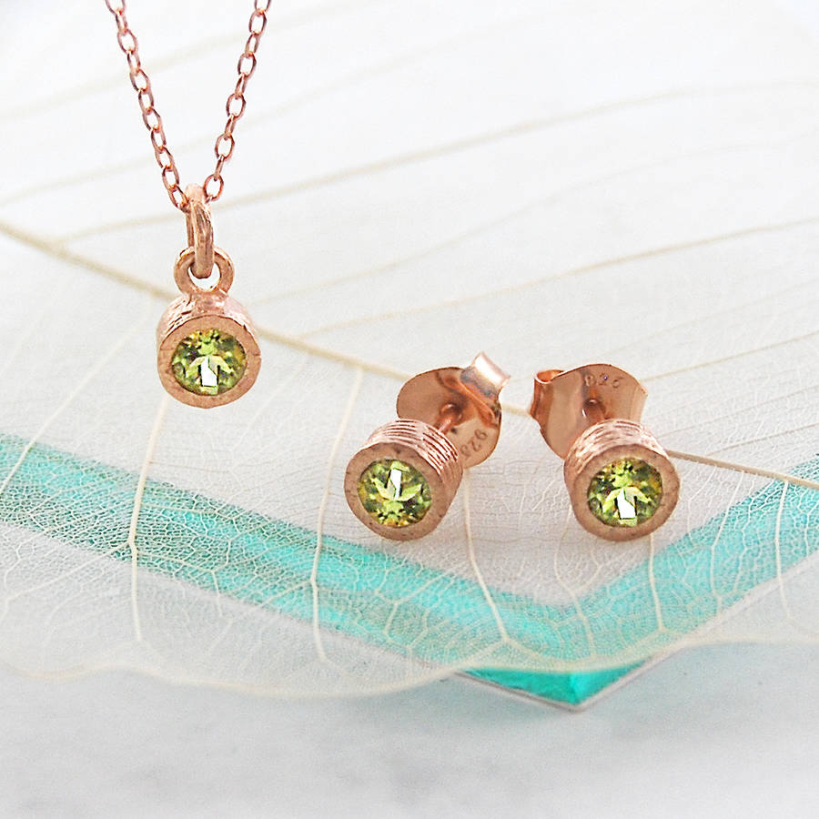 Rose Gold Birthstone Peridot Jewellery Gift Set By Embers Gemstone Rose Gold Birthstone Peridot Jewellery Gift Set