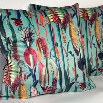 Velvet Tropical Plants Cushion Cover On Turquoise, 2 of 4