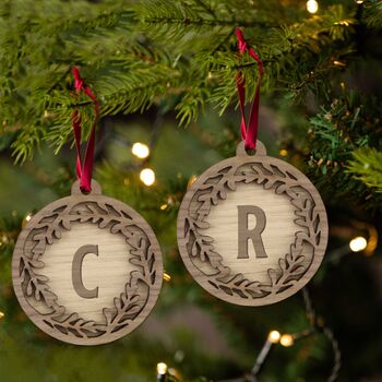Personalised Wooden Wreath Bauble Set For Couples, 2 of 5