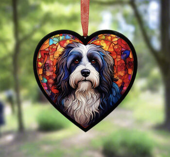 Tibetan Terrier Stained Glass Effect Heart Suncatcher, 5 of 5