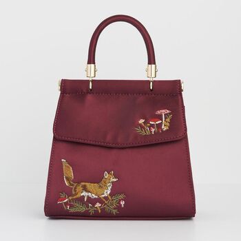 Fox And Mushroom Embroidered Burgundy Satin Tote, 2 of 7