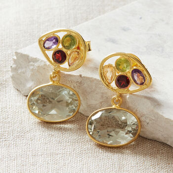 Green Amethyst/ Multi Stone Gold Plated Silver Earrings, 2 of 10