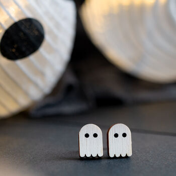 Cute, Retro Ghosts Wooden Stud Earrings, 2 of 3