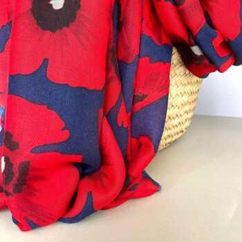 Bold Red Poppy Print Frayed Scarf In Navy Blue, 3 of 3