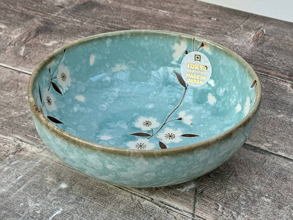 Turquoise Sakura / Cherry Blossom Flower Patterned Bowl, 17.5cm, 1 of 3