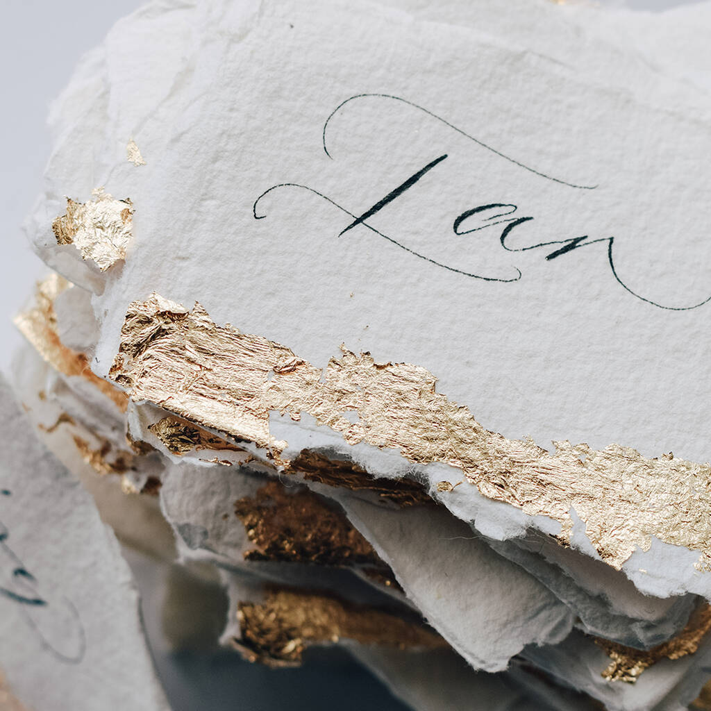 Handwritten Luxury Paper Place Cards With Gold Leaf, 1 of 3