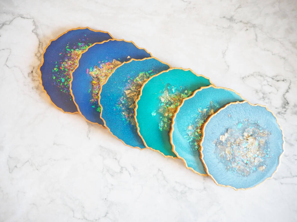 Blue Iridescent Geode Resin Coasters, 1 of 11