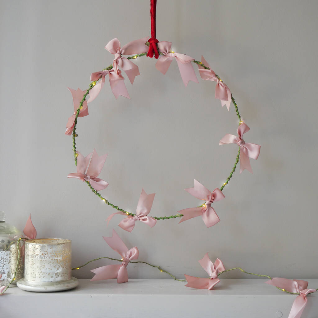 Satin Bow Light Up Wreath | Handmade Holiday Decoration, 1 of 4