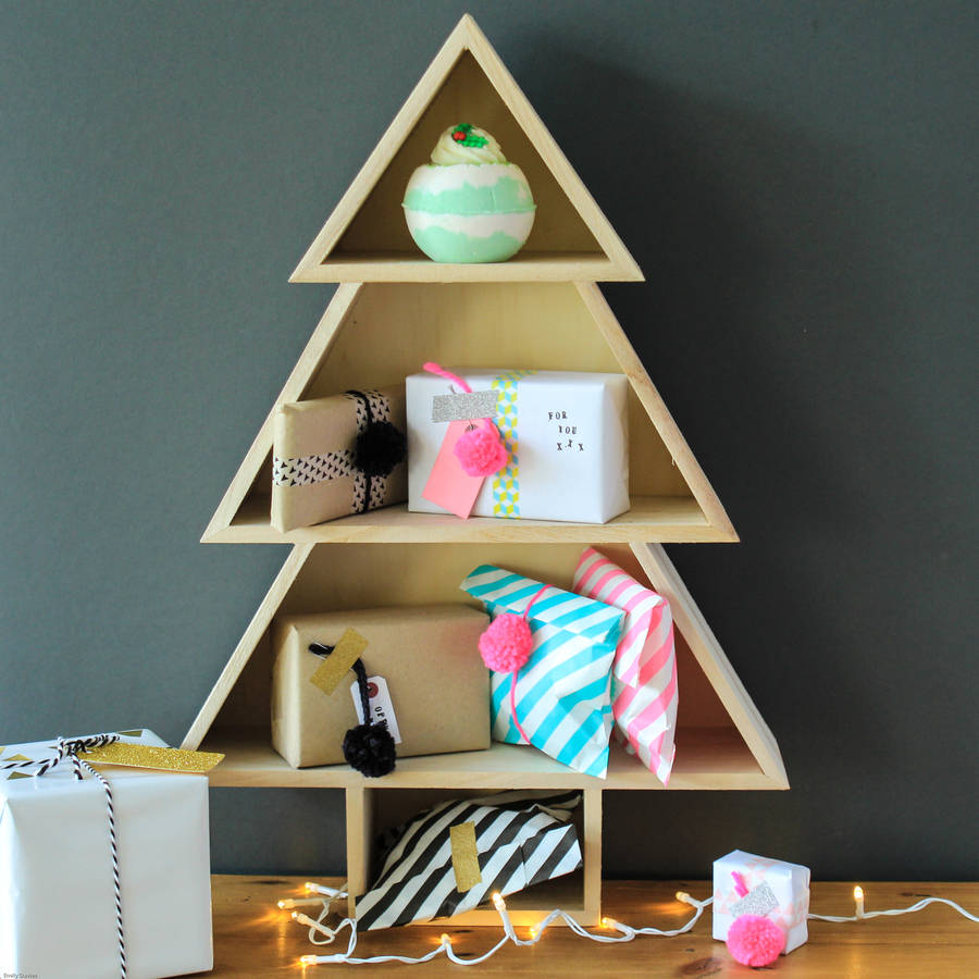 Wall-mounted wooden Christmas tree shelf