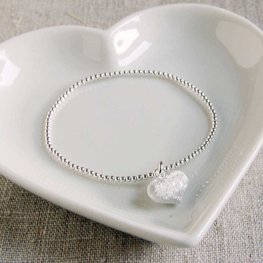 delicate silver bead bracelet with frosted heart charm by highland