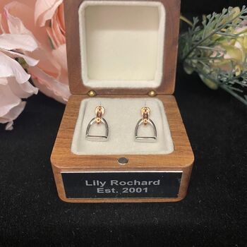 Personalised Sterling Silver And Rose Gold Stirrup Earrings, 2 of 8