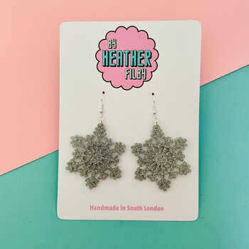 Silver Large Snowflake Glitter Christmas Earrings, 5 of 5