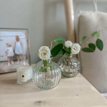 Set Of Two Round Clear Pressed Glass Vases Eight.5cm, 3 of 5