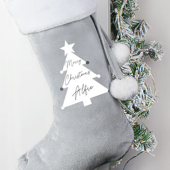 Personalised Christmas Tree Silver Grey Stocking, 2 of 2