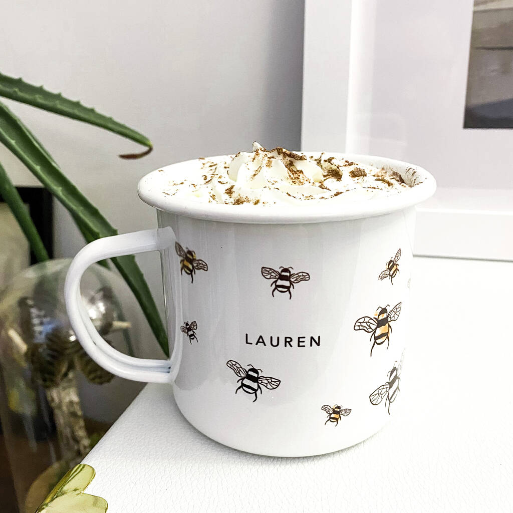 Personalised Bee Extra Large Enamel Mug By Birdie Barn Personalised Bee Extra Large Enamel Mug By Birdie Barn