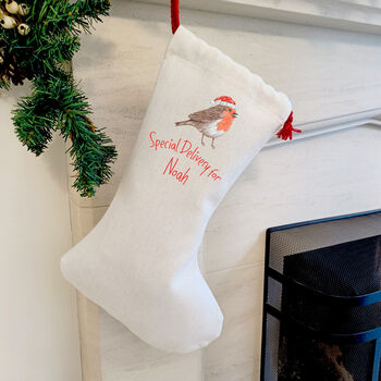 Personalised Robin Christmas Stocking. Special Delivery, 6 of 6