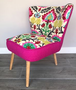 Cocktail Chair In Vibrant Fabric With Pink Harris Tweed, 6 of 7