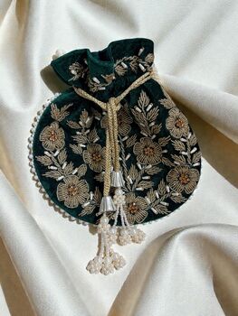 Handcrafted Emerald Green Velvet Potli Bag, 5 of 7