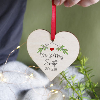 Mr And Mrs Christmas Heart Wooden Hanging Decoration, 2 of 4