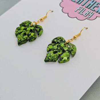 Green Glitter Monstera Leaf Resin Earrings, 7 of 8