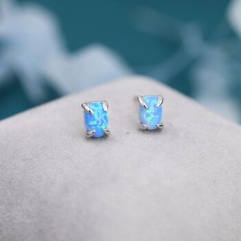 Blue Opal Oval Stud Earrings In Sterling Silver, 7 of 12