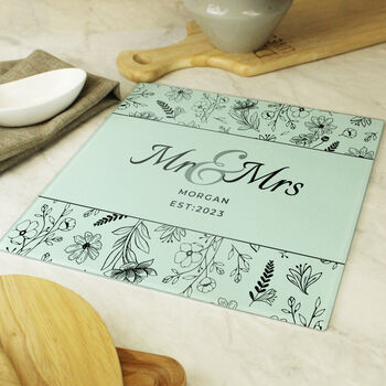 Personalised Mr And Mrs Botanical Glass Chopping Board – Perfect Wedding Gift For Couples, 2 of 4