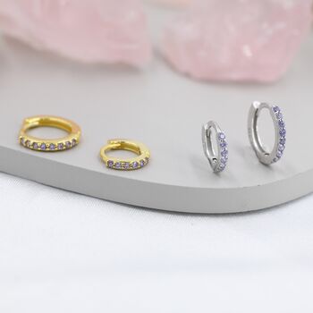 Sterling Silver Amethyst Purple Cz Huggie Hoops, 6 of 11