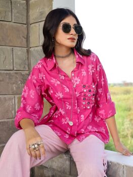 Pink Floral Dabu Printed Loose Fit Shirt And Cargo Pant, 2 of 4