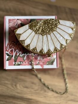 Bristol Fan Shaped Mop Gold White Evening Purse, 5 of 6