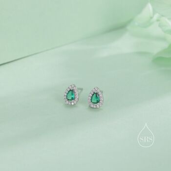 Tiny Emerald Green Droplet Cz Halo Stud Earrings, 5 of 11