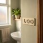 Loo Sign Pastel Yellow, Bathroom Toilet Sign Birch Wood, thumbnail 7 of 12