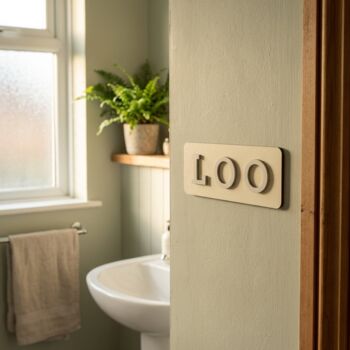Loo Sign Pastel Yellow, Bathroom Toilet Sign Birch Wood, 7 of 12