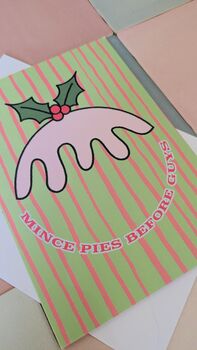 Mince Pies Before Guys Christmas Card – Green And Pink – Blank Inside, 4 of 4