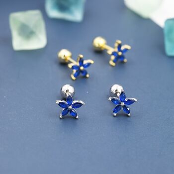 Sapphire Blue Cz Flower Screw Back Earrings, 7 of 11