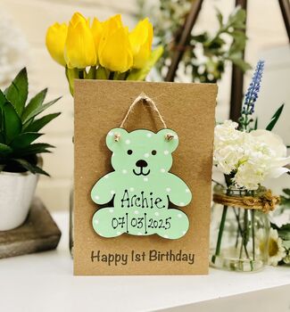 Personalised 1st Birthday Teddy Wooden Keepsake Card, 2 of 8