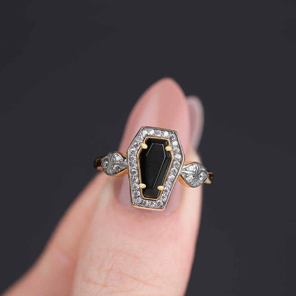 Black Onyx Coffin Ring Sterling Silver Or Gold Plated, 1 of 8