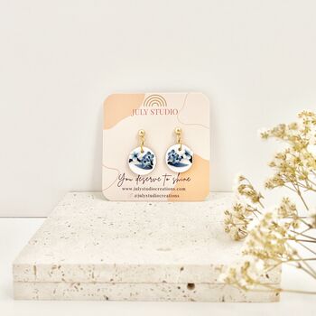 Handmade Blue And White Floral Circle Clay Earrings, 4 of 6
