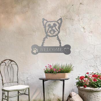 Custom Yorkshire Terrier Welcome Metal Wall Art Sign For Home And Garden Decor, 6 of 11