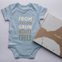 Cotton ‘From Little Seeds Grow Mighty Trees’ Baby Grow, thumbnail 1 of 6