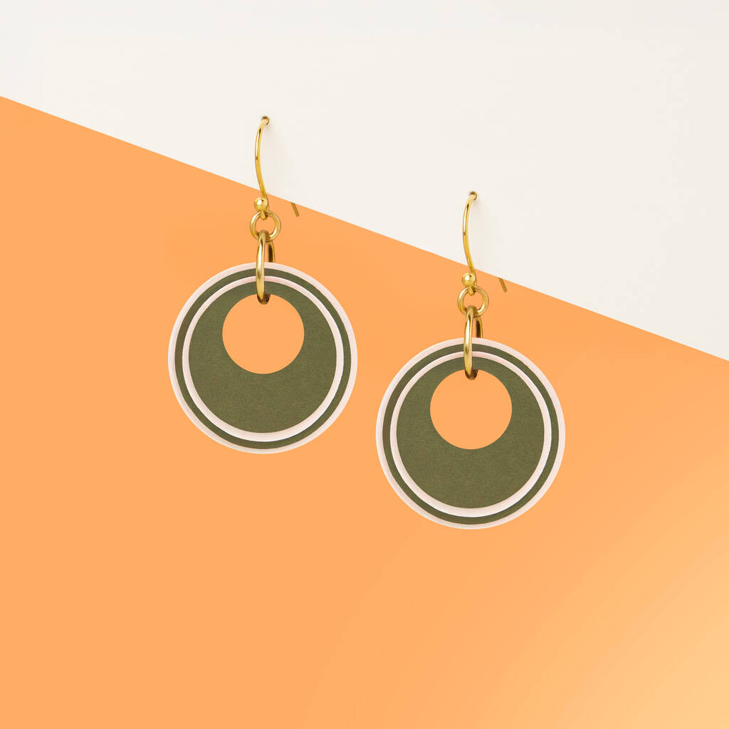 Khaki And Cream Circular Earrings • Gold Plated Sterling Silver Hooks, 1 of 9