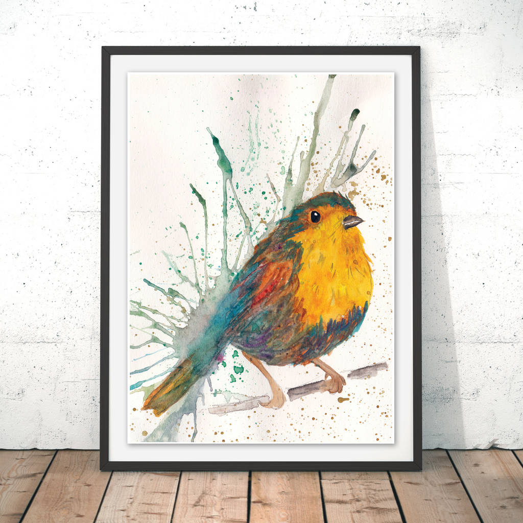 splatter bird robin watercolour fine art giclée print by wraptious ...