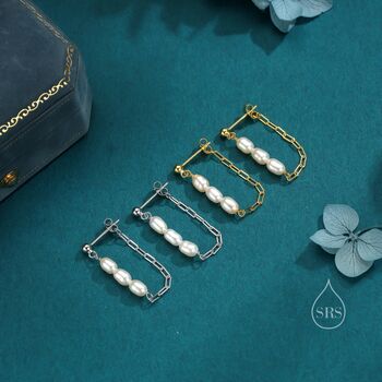 Sterling Silver Genuine Oval Pearl And Chain Earrings, 7 of 12