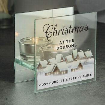 Personalised Christmas Village Mirrored Glass Tea Light Candle Holder, 4 of 5