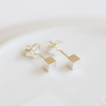 Sterling Silver Cube Stud Earrings, 2 of 4