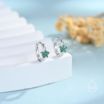 Emerald Green Cz Flower Huggie Hoop Earrings, 6 of 11