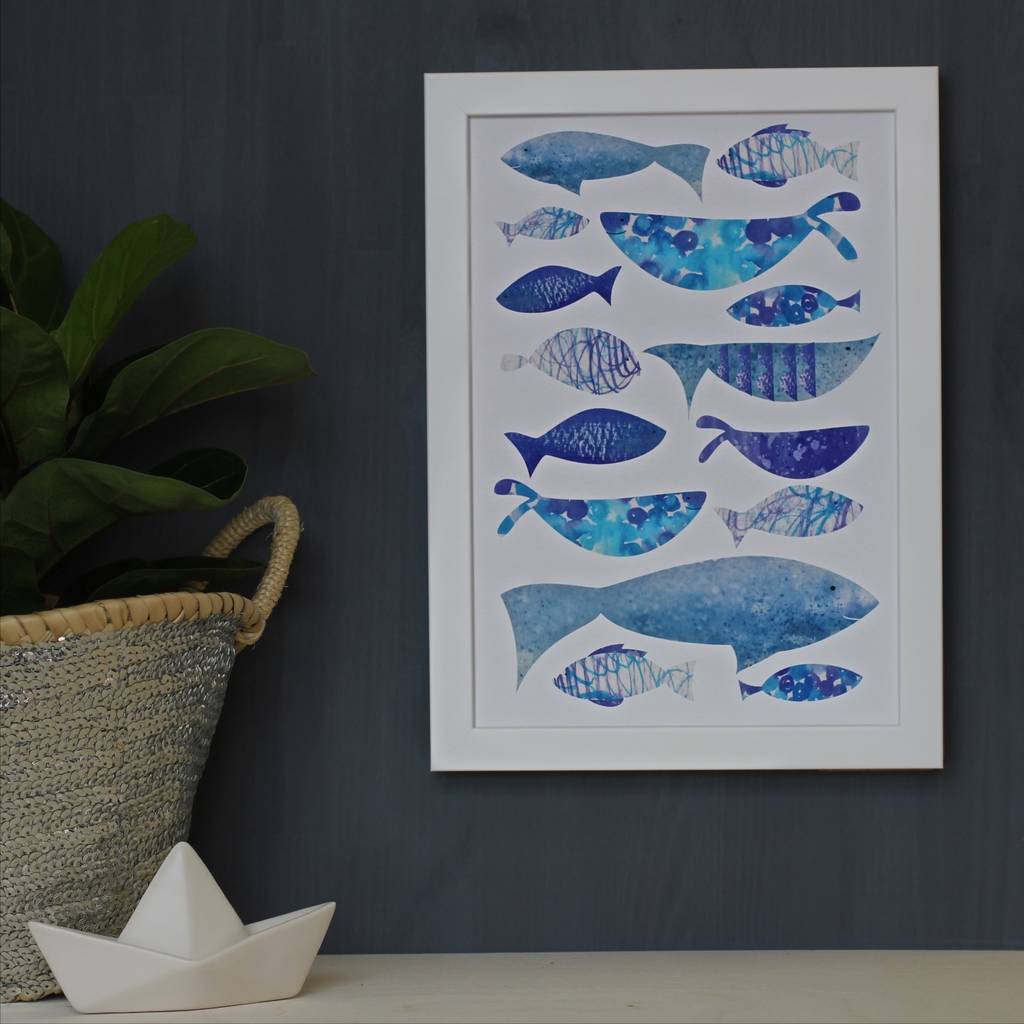 Blue Watercolour Fish Wall Art Print By Double Thumbs Up