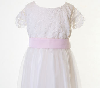White Lace And Tulle Flower Girl Dress With Colour Sash, 3 of 6