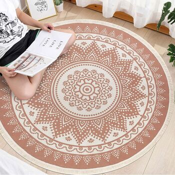 Coffee Colour Printed Cotton Round Rug, 5 of 7