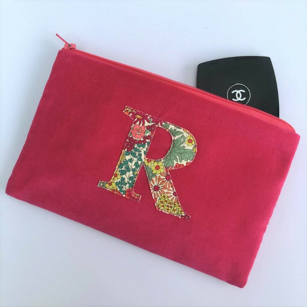 Liberty Print And Cerise Velvet Initial Make Up Bag By Gemima London