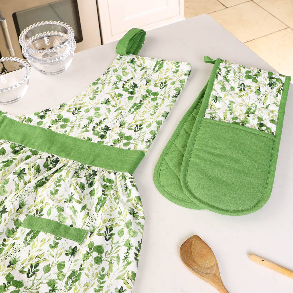 Botanical Personalised Kitchen Apron And Oven Mitt Set By Dibor